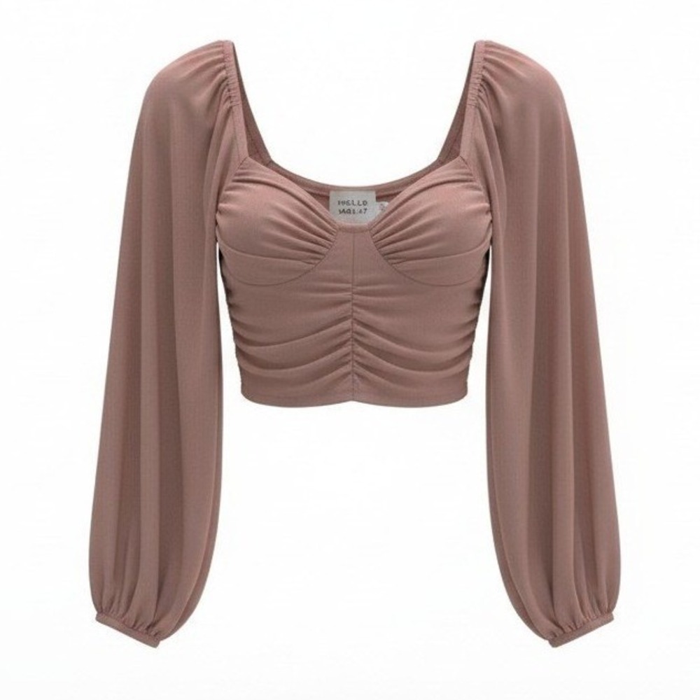 New Hello Molly Women Crop Top S‎ Blush Ruched Mesh Puff Sleeve Bustier Party